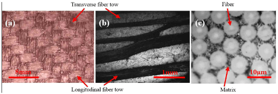 optical micrograph of 2D CC composite (a) top surface (b) cross-section (c) magnified cross-section