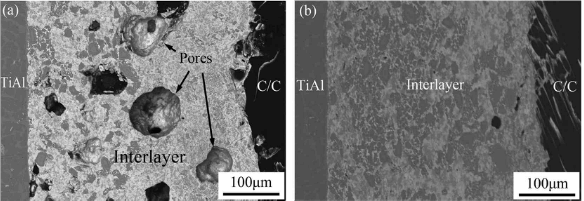 effect of the joining pressure on the microstructure of the TiAl-CC joint (a) 20Mpa, (b) 40Mpa.