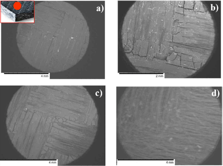 SEM micrograph of top surface of (a)pristine (b)600C (c)700C (d)800C 2D CC composit test specimens showing matrix cracking and degradation
